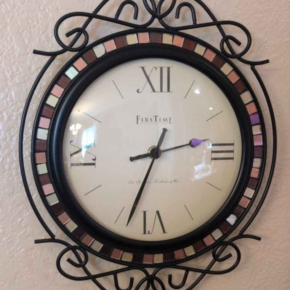 Black Ornate Scrollwork Mosiac Design Wall Clock 13.5" X 10"